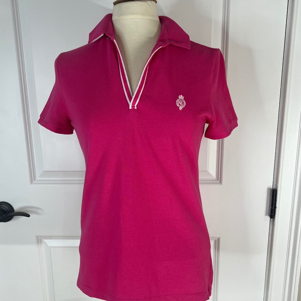 L-RL Lauren Active, Size XS, Pink with White Trim, Collard Pullover.